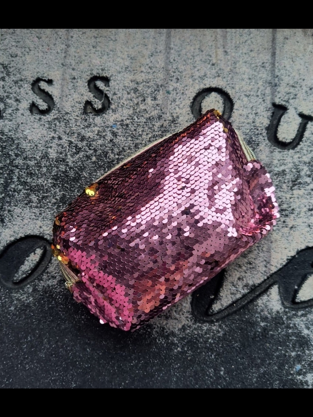 Tarte Pink Sequin Cosmetic Bag with Rectangular Shape and Shimmering Surface